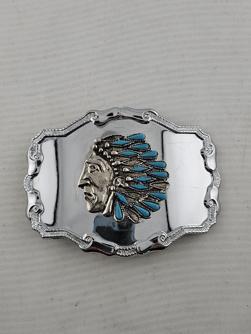 Vintage Native American Indian Head Turquoise Coral Inlay Belt Buckle Chrome
